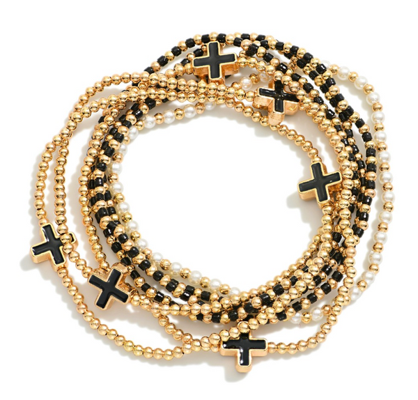 Set of Seven Beaded Stretch Bracelets - Black