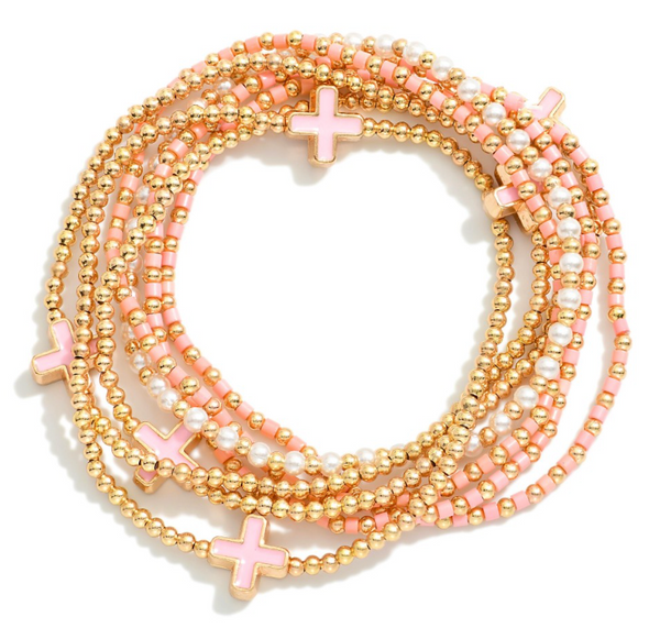 Set of Seven Beaded Stretch Bracelets - Pink