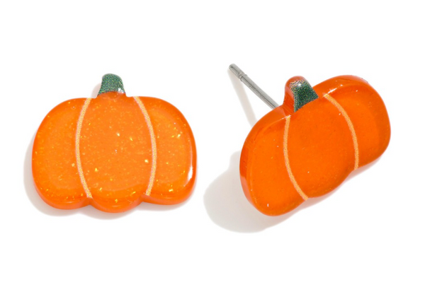 Glitter Pumpkin Stud Earrings - Orange