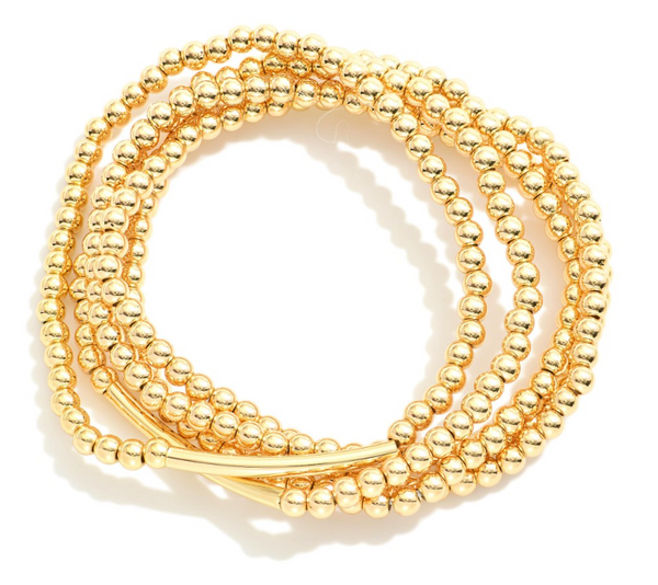 Set of Five Beaded Stretch Bracelets - Gold