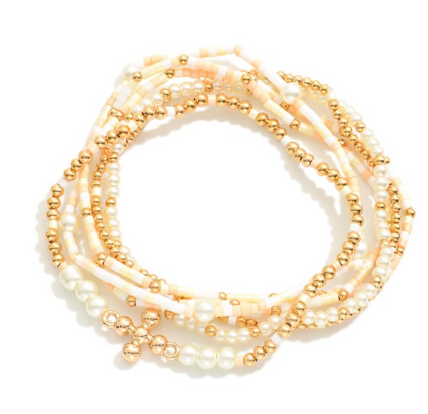 Dainty Cross & Pearl Beaded Stretch Bracelet Set