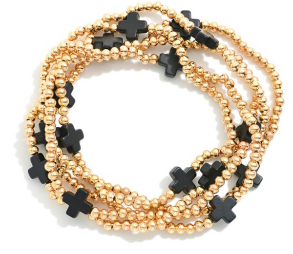 Cross Beaded Stretch Bracelet Set - Black