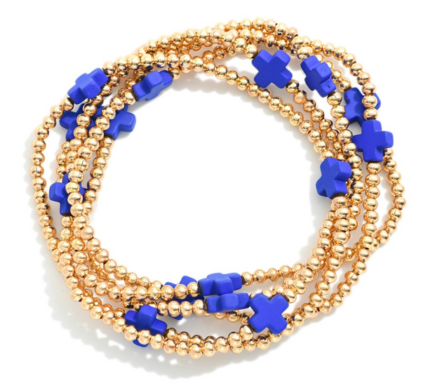 Cross Beaded Stretch Bracelet Set - Blue