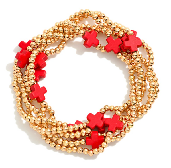 Cross Beaded Stretch Bracelet Set - Red