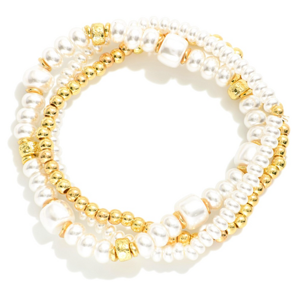 Set of Three Pearl Beaded Stretch Bracelets - Gold