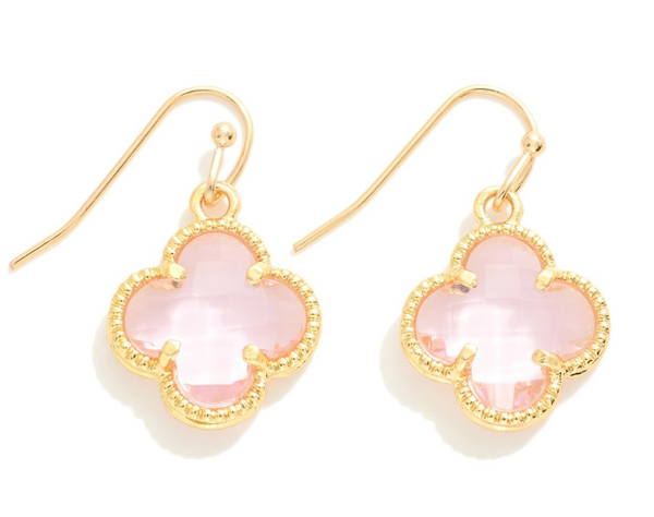 Glass Crystal Clover Drop Earrings - Pink