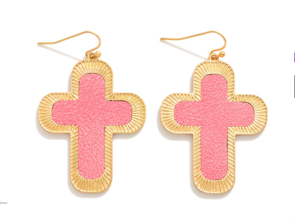 Golden Grace Cross Earrings - Pink