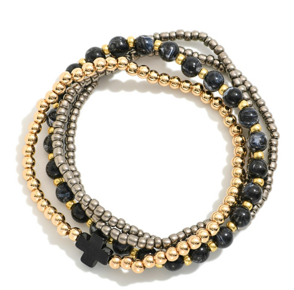 Beaded Bracelet Stack with Cross - Black