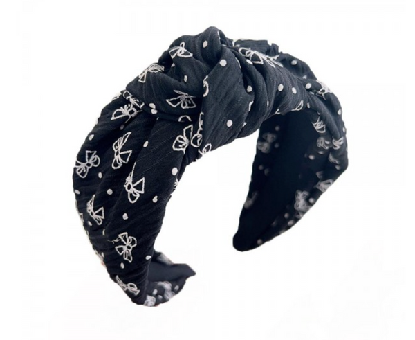 Bow & Polka Dot Knotted Headband - Black