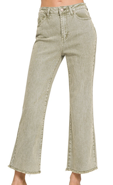 Acid Washed Bootcut Pants - Light Olive