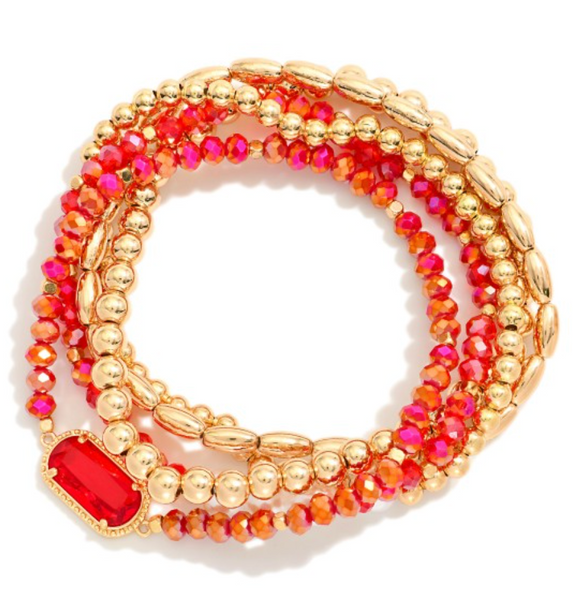 Glass Crystal Beaded Stretch Bracelet Set - Red