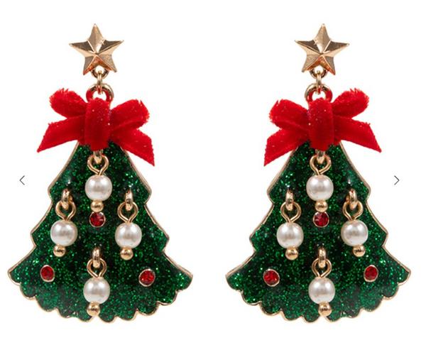 Glitter Christmas Tree Drop Earrings - Green