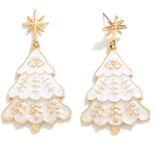 Christmas Tree Post Drop Earrings - White