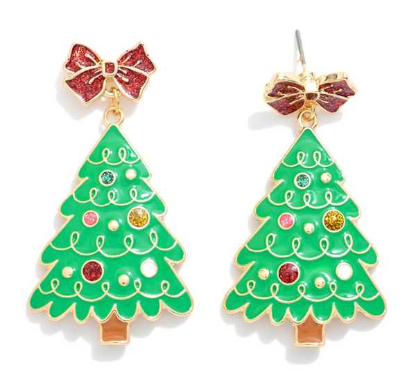 Christmas Tree Earrings with Bow Posts - Green
