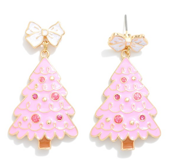 Christmas Tree Earrings with Bow Posts - Pink