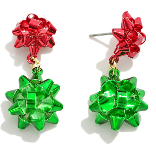 Metal Gift Bow Drop Earrings - Red/Green