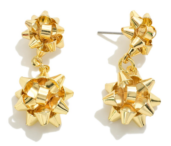 Metal Gift Bow Drop Earrings - Gold