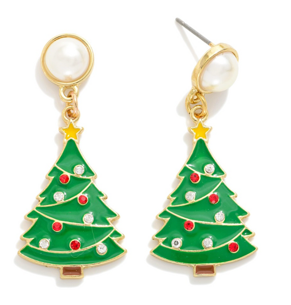 Christmas Tree Earrings with Pearl Posts