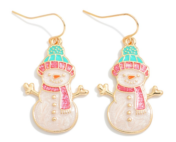 Festive Snowman Dangle Earrings - Pink