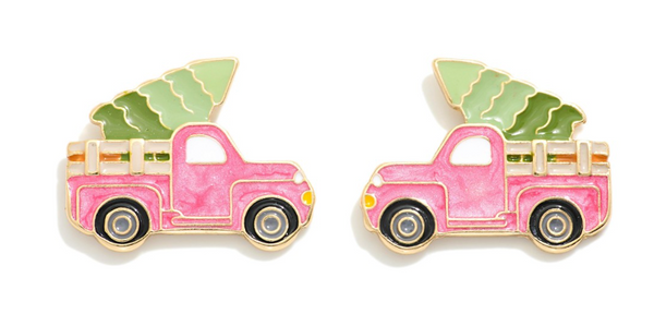 Christmas Tree Truck Stud Earrings - Pink