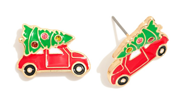 Car & Christmas Tree Stud Earrings - Red