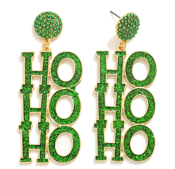"HO HO HO" Glitter Drop Earrings - Green