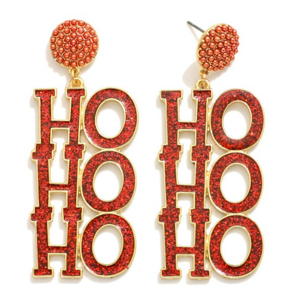 "HO HO HO" Glitter Drop Earrings - Red