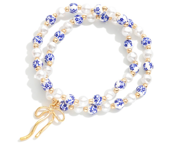 Pearl & Bow Bracelet Set - Blue