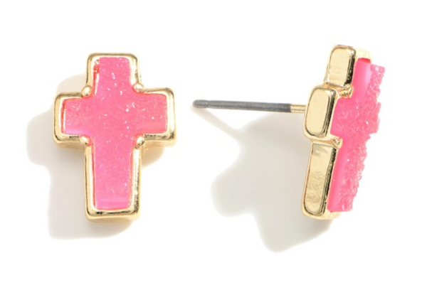 Druzy Cross Stud Earrings - Pink