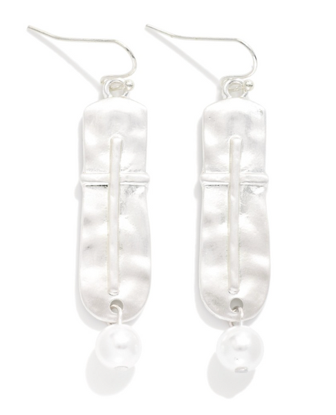 Pearl & Cross Drop Earrings - Silver