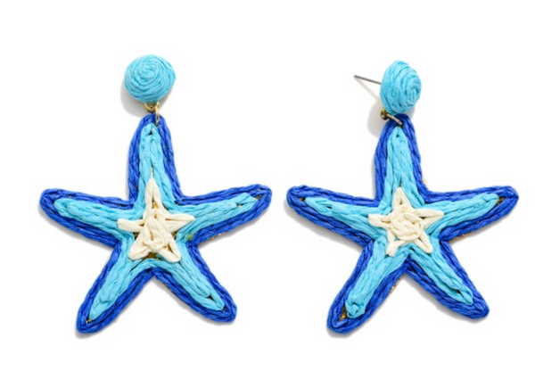 Seaside Raffia Star Drop Earrings - Blue