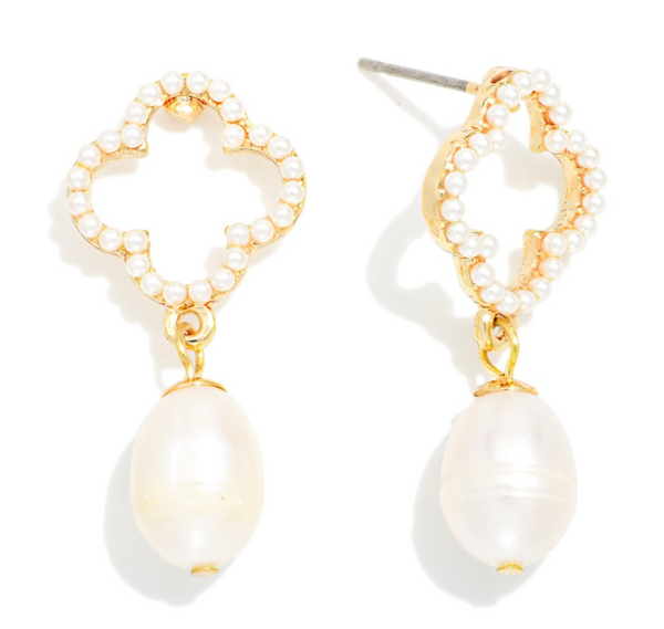 Linked Pearl Beaded Clover Earrings - Gold
