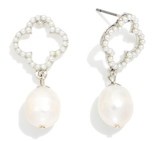 Linked Pearl Beaded Clover Earrings - Silver