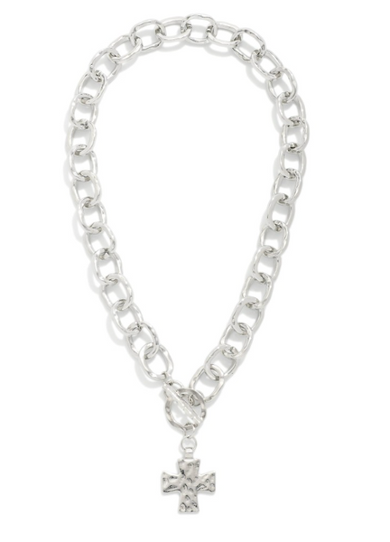 Hammered Cross Chain Necklace - Silver
