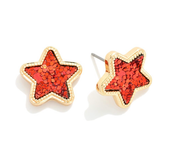 Glitter Star Stud Earrings - Red