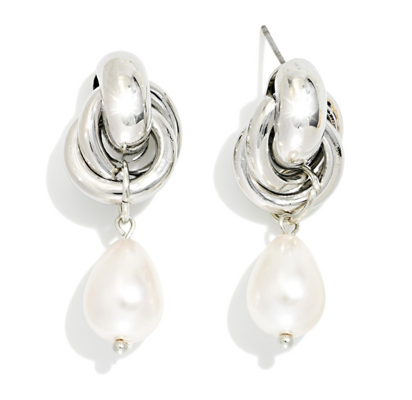 Teardrop Pearl Post Drop Earrings - Silver