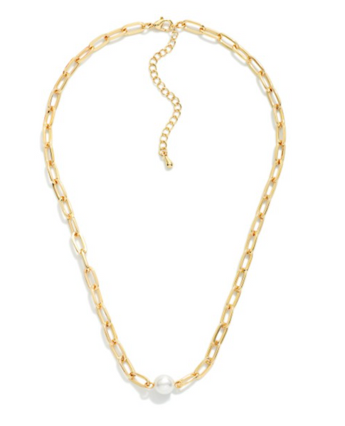 Dainty Paperclip Pearl Necklace - Gold