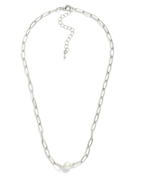 Dainty Paperclip Pearl Necklace - Silver