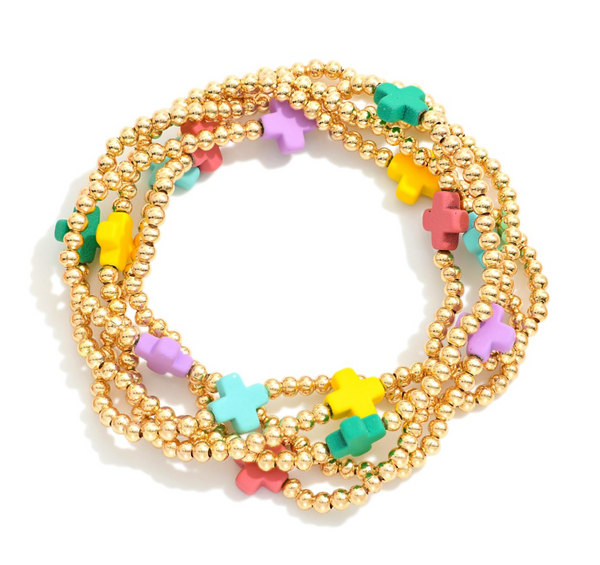 Cross Beaded Stretch Bracelet Set - Multi