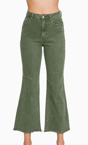 Acid Washed Bootcut Pants - Olive