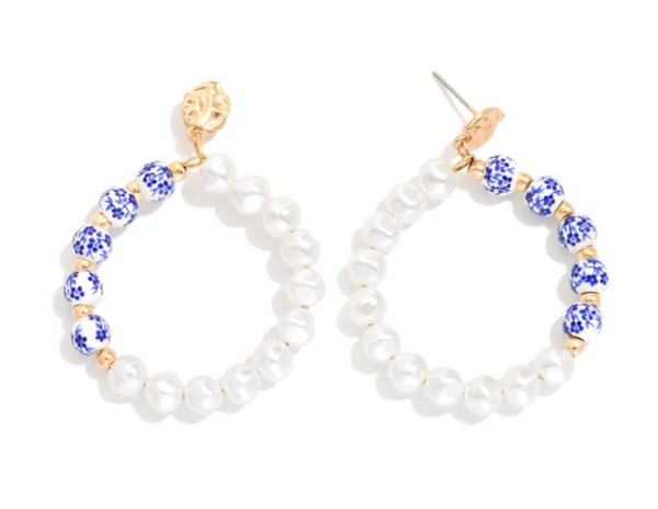 Pearls & Porcelain Hoops - Blue