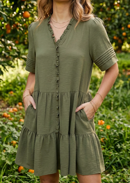 Pretty Pleats Mini Dress - Olive
