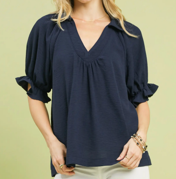 Sweetheart Collared Top - Navy