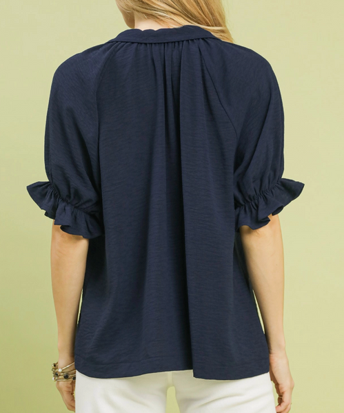 Sweetheart Collared Top - Navy