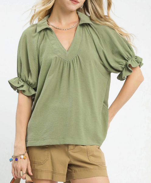 Sweetheart Collared Top - Sage