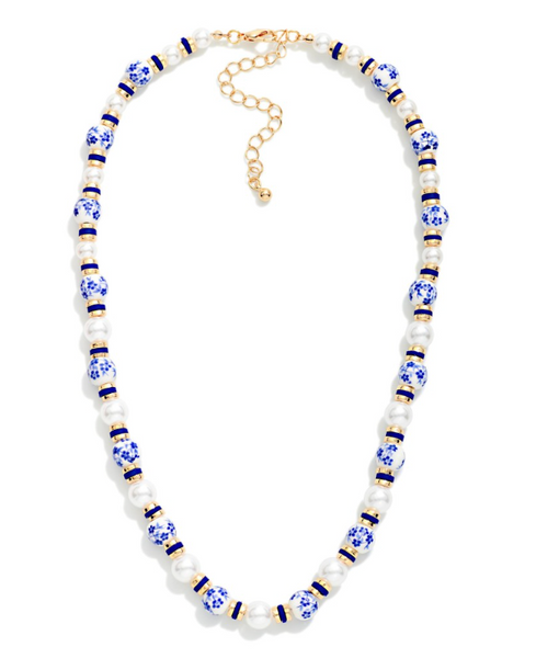 Chinoiserie Bead & Pearl Beaded Necklace - Blue
