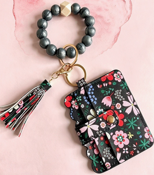 On The Go Beaded Wristlet - Black Floral
