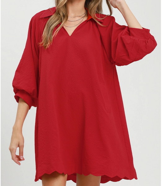 Scalloped Detail Dress - Red