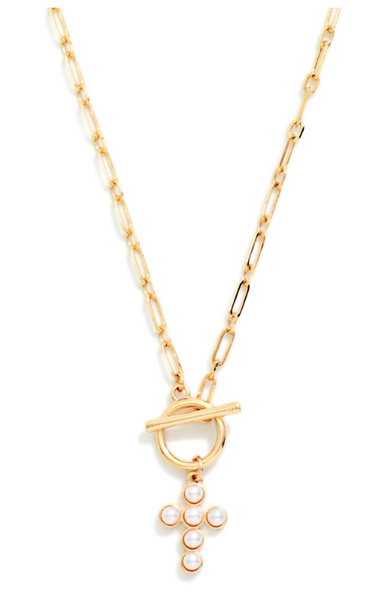 Pearl Cross Toggle Necklace - Gold