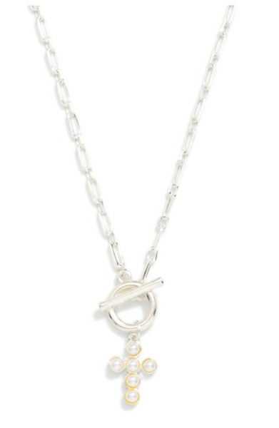 Pearl Cross Toggle Necklace - Silver